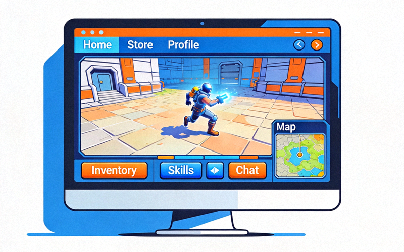 Ilustrasi layar komputer yang menampilkan antarmuka permainan online